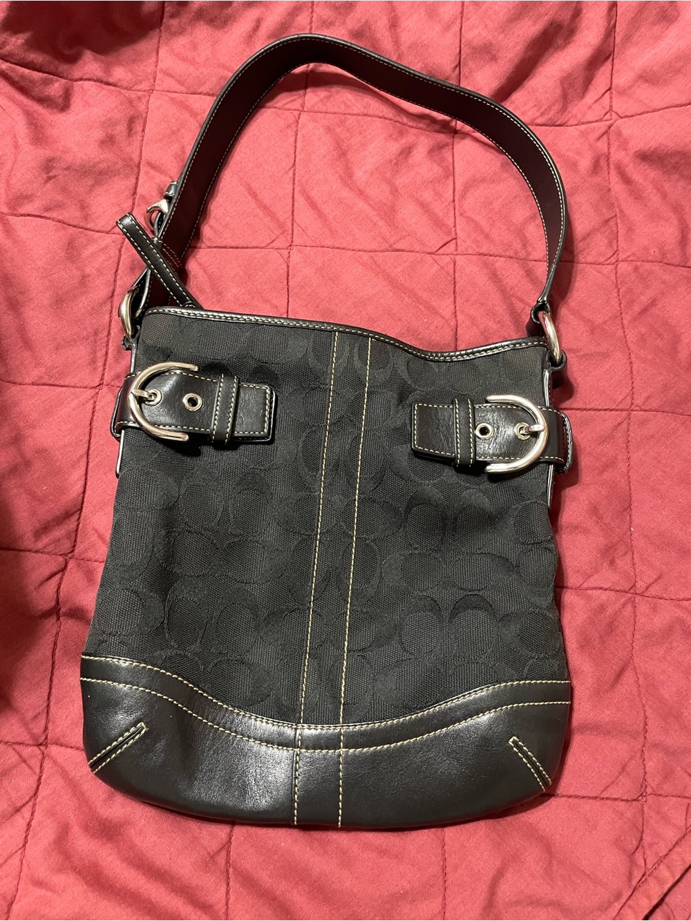 Coach Black Signature Canvas and Leather Shoulder Bag with Silver Hardware